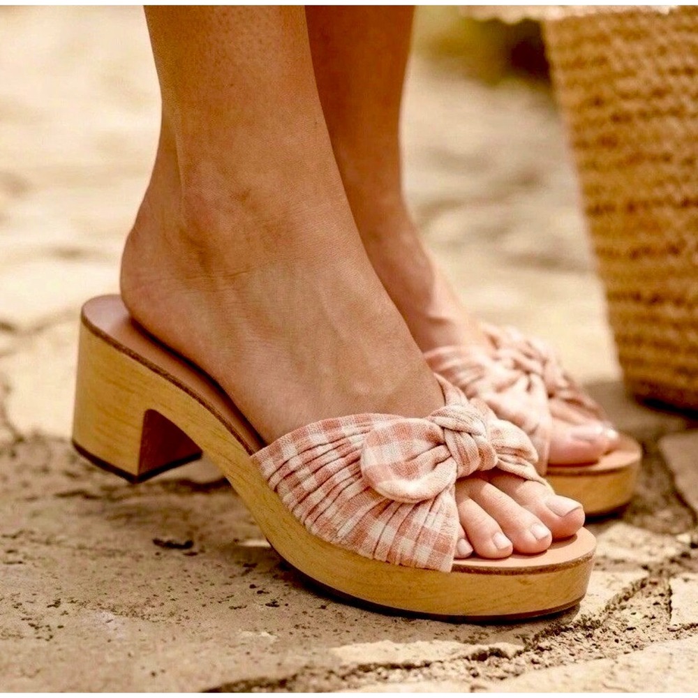 Loeffler Randall Gingham Bow Wood Clog Sandals Amber Checkered Womens Size 9M